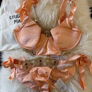 STUDIO PIA ADELA Coral & Gold Silk 2 Pc Lingerie Set, 34G/M-XXL Adjustable, RARE